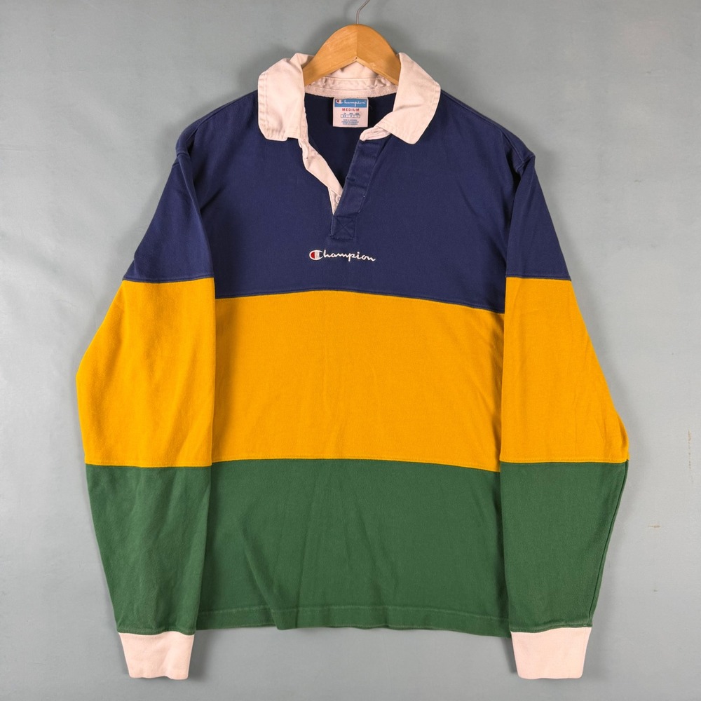 Champion Mens M Navy Yellow Green Colorblock Rugby Shirt Long Sleeve Logo